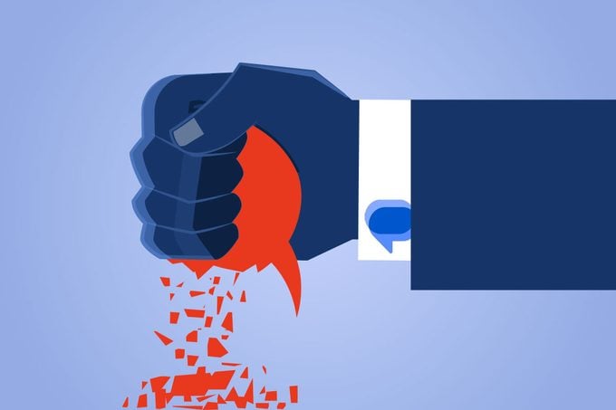 Illustration of a hand crushing a red spam text bubble. On the sleeve of the arm is a google messages logo as a cufflink